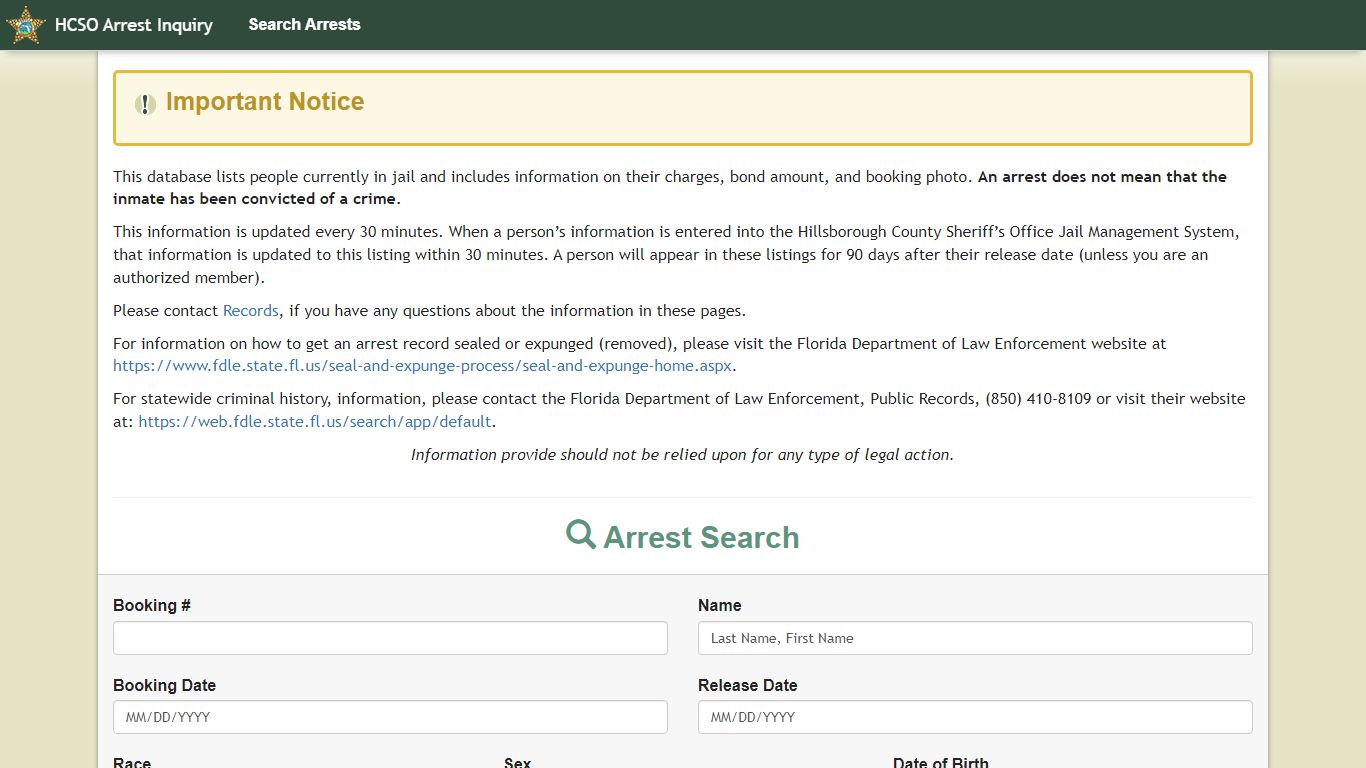 HCSO Arrest Inquiry Search - Hillsborough County Sheriff's Office